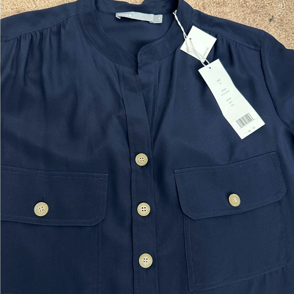 NWT Vince Navy Blue Washed-Silk Utility Blouse Size XS - Picture 14 of 15